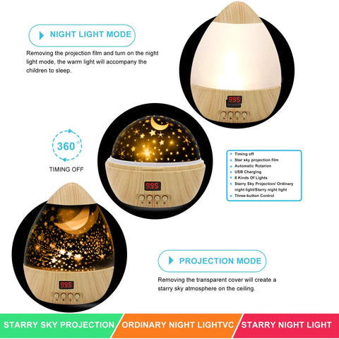 Star Projector Night Light With Timer For Kids 360 Degree Rotating Moon And Stars Sky Projector Lamp showcasing modes.