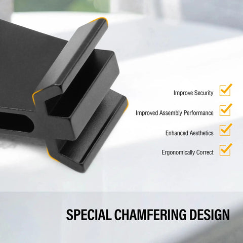 Close-up of dovetail finder bracket showing special chamfering design for secure assembly and aesthetics.