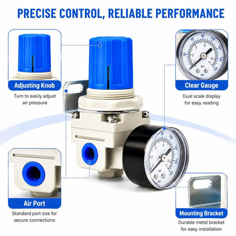 Adjustable Air Pressure Regulator For Compressors With Gauge From Zero To One Hundred Sixty PSI showing knob and gauge details