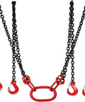 4-leg chain sling with black alloy steel chains, red grab hooks and center lifting ring, 10 ft length