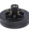 Heavy Duty 6000 Lbs Trailer Brake Drum Kit With 12 Inch Bulletproof Steel Rotors And 6 On 5.5 Bolt Pattern Hub showing a black drum without the internal shoes.