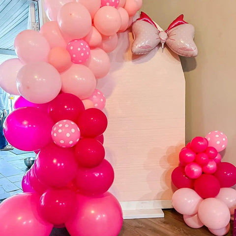Pink Bow Balloons Kit includes 30 pieces of 12 inch balloons in hot pink rose dots and confetti styles plus two big foil bow balloons