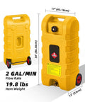 Heavy Duty 15 Gallon Gas Can With Manual Transfer Pump And 10 Feet Hose, Portable Gas Caddy With Wheels, Leak Proof Fuel Tank For Lawn Mowers Cars Boats And ATVs, Yellow, dimensions and flow rate displayed