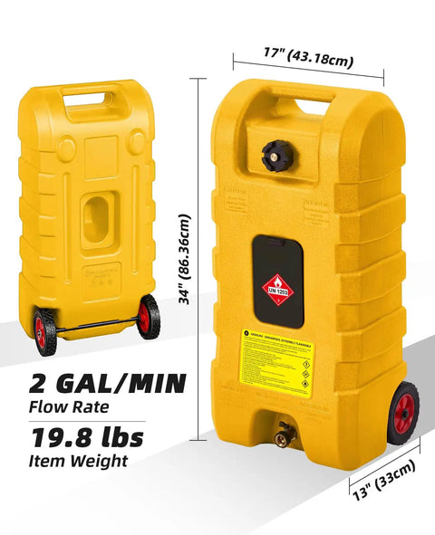 Heavy Duty 15 Gallon Gas Can With Manual Transfer Pump And 10 Feet Hose, Portable Gas Caddy With Wheels, Leak Proof Fuel Tank For Lawn Mowers Cars Boats And ATVs, Yellow, dimensions and flow rate displayed
