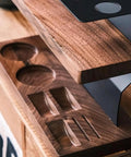 Badass Two Tier Coffee Bean Cellar With Built In Hopper And One Way Exhaust Valve For Fresh Single Dose Roasts showcasing the walnut storage detail.