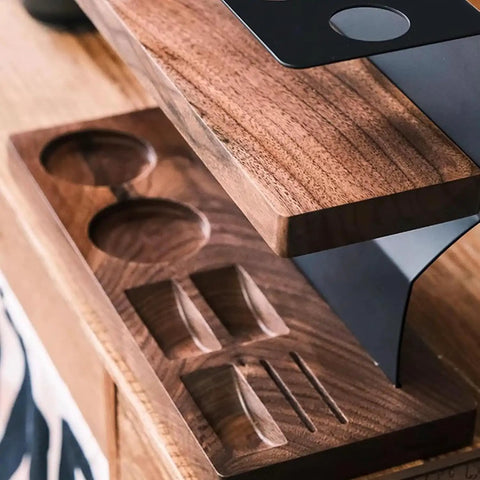 Badass Two Tier Coffee Bean Cellar With Built In Hopper And One Way Exhaust Valve For Fresh Single Dose Roasts showcasing the walnut storage detail.
