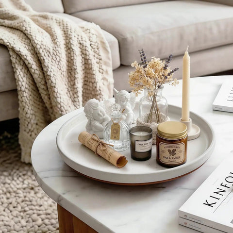 Super Smooth Spinning Ceramic Lazy Susan Tray With Natural Acacia Wood Base Round Rotating Kitchen Counter Organizer And Farmhouse Condiment Holder Totally Game Changer with decorative items.