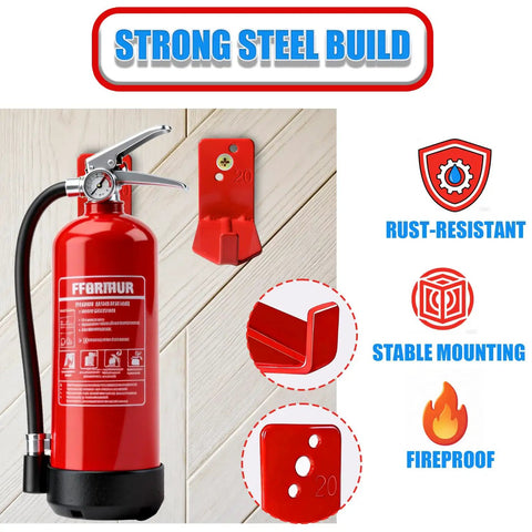 4 Pack Fire Extinguisher Wall Mount Kit With Heavy Duty Bracket And Hook No Fuss Securely Mount Standard Fire Extinguishers In Any Spot Rust Resistant Iron Mounts Easy Install With Screws And Washers Included, showing red extinguisher and iron bracket