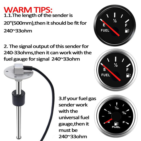 Stainless Steel Fuel Sending Unit for Boats and Marine Use, 5 Hole Water Level Gauge Sensor, 0 to 190 Ohm and 240 to 33 Ohm, 20 Inch Long, Beefy Marine Fuel Sender for Tanks with gauge compatibility tips