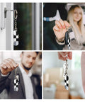 Heavy Duty Aluminum Keychain With Black And White Piano Plate Grid Print Rectangular Steel Keyring built tight for everyday carry shown in use.
