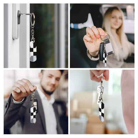 Heavy Duty Aluminum Keychain With Black And White Piano Plate Grid Print Rectangular Steel Keyring built tight for everyday carry shown in use.