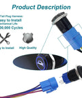 12V SPDT Horn Button Push Switch With Blue LED, Five Eighth Inch Sixteen Millimeter Momentary Car Button For Vehicle Horn, Durable Black Shell And Easy Install For DIY Auto Projects, blue-lit black metal push switch with wiring