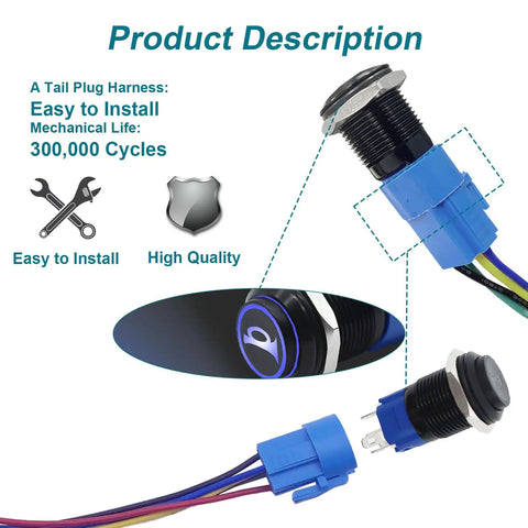 12V SPDT Horn Button Push Switch With Blue LED, Five Eighth Inch Sixteen Millimeter Momentary Car Button For Vehicle Horn, Durable Black Shell And Easy Install For DIY Auto Projects, blue-lit black metal push switch with wiring