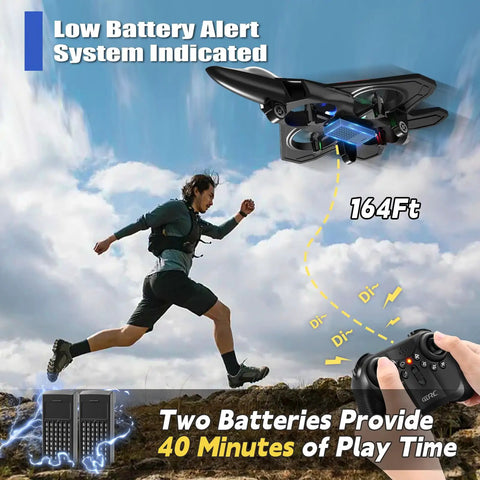 V32 Foam RC Plane With 3 Batteries Remote Control Airplane shown mid-flight, LED lights on, person running nearby, remote and battery visible