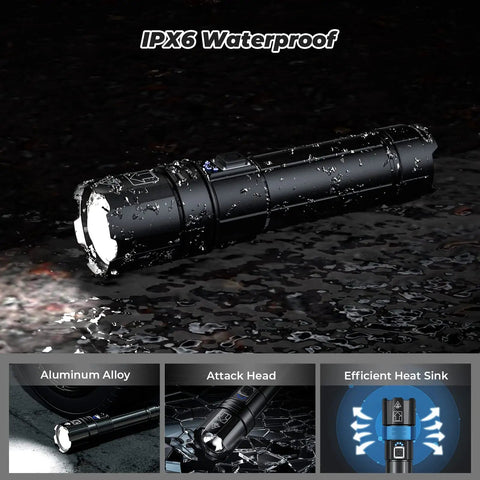Rechargeable LED Flashlight 80000 Lumens Ultra Bright Handheld Flashlight With 5 Modes IPX6 Waterproof in wet environment