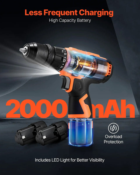 Cordless 5-In-1 Drill Driver Kit with dual speed, quick-change chuck, two batteries, LED light, and overload protection.