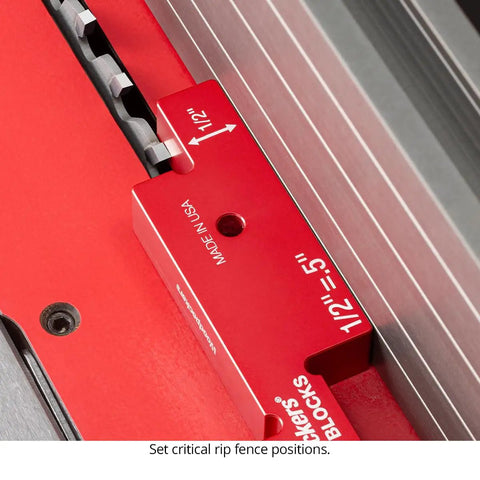 7 Piece Aluminum 3D Setup Block Kit With 4 Ways To Measure Per Block Router And Table Saw Gauge Blocks Height Gauge For Router Bits Includes Powder Coated Rack It Wall Mount Usa Made, red aluminum block on saw fence