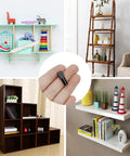 Heavy Duty 100 Pack Black Spoon Style Shelf Pins For Kitchen Cabinets And Home Bookshelves Snap Fit Adjustable Steel Pegs shown in use with various shelves.