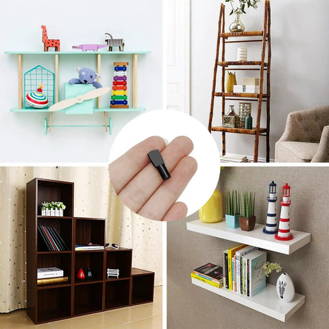 Heavy Duty 100 Pack Black Spoon Style Shelf Pins For Kitchen Cabinets And Home Bookshelves Snap Fit Adjustable Steel Pegs shown in use with various shelves.