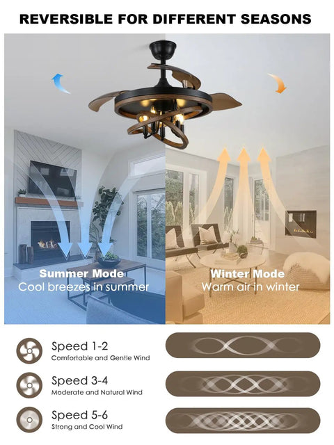 Bella Depot 42" Rustic Retractable Ceiling Fan with Lights and Remote displaying summer and winter modes in a modern living room.