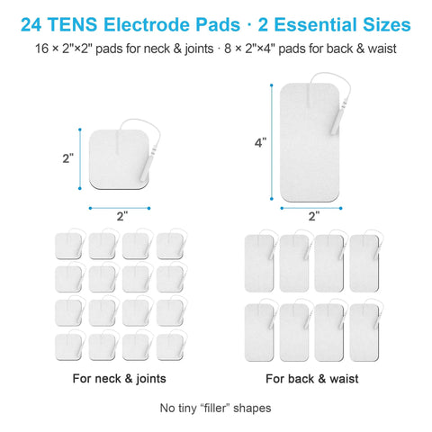 24 pack of Heavy Duty Tens Therapy Pads With Pad Holder, featuring 16 small and 8 large pads for targeted pain relief.