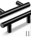 Two matte black cabinet handles with screws, 5 inch length, 3 inch hole center, stainless steel, durable rust resistant hardware.