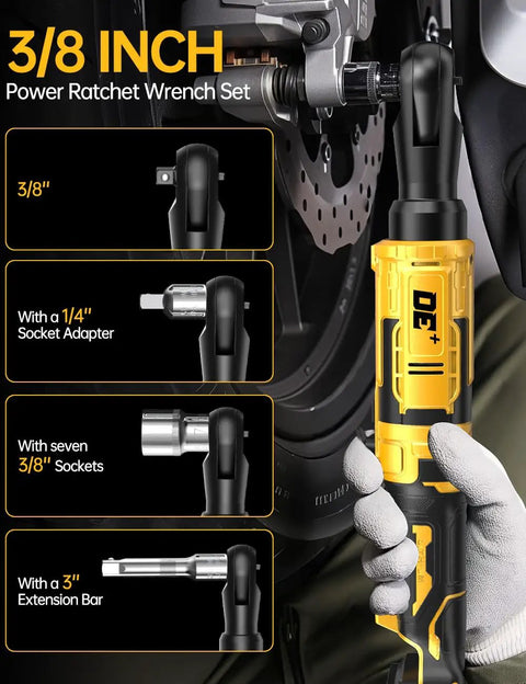 Cordless 3/8 Inch Ratchet Wrench For Dewalt 20V Battery with sockets and adapter displayed on a mechanical component
