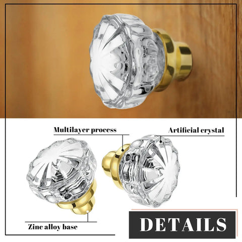 Two Pack Glass Door Knobs Set With Spindle, Mortise Style Fluted Crystal Antique Door Hardware For Interior Doors, Gold Finish, Retro Vibe Look, Easy Install Replacement For Home Decor