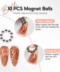 Cat Eye Nail Magnet Set 10pc With 3 In 1 Magnetic Pen and Dual Head Wand for nail art designs, showing magnet balls and patterns.