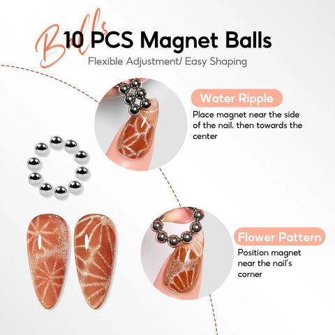 Cat Eye Nail Magnet Set 10pc With 3 In 1 Magnetic Pen and Dual Head Wand for nail art designs, showing magnet balls and patterns.