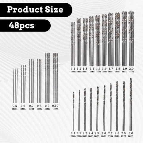 48 Piece Adjustable Pin Vise Kit With Slick Aluminum Hand Drill And Killer High Speed Steel Micro Twist Drill Bits 0.5 To 3mm For Wood Resin Plastic Model Crafting Gear showing drill bit sizes from 0.5mm to 3.0mm.