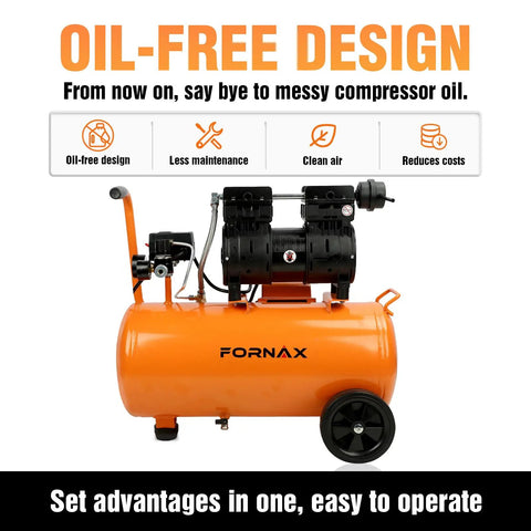 Fornax 8 Gallon Air Compressor With 1HP Oil Free Motor Delivering 2.2 Cfm At Max 125 Psi. Ultra Quiet 70 Db Design Makes This Portable Tank Perfect For Nail Guns, Tire Inflation, And Diy Home Projects While The Lightweight Frame With Wheels Ensures Easy
