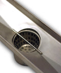 Close-up of 30 Inch Linear Shower Drain With Tile Insert Grate And Hair Strainer Includes Leveling Feet 2 Inch Center Outlet 304 Stainless Steel