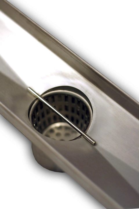 Close-up of 30 Inch Linear Shower Drain With Tile Insert Grate And Hair Strainer Includes Leveling Feet 2 Inch Center Outlet 304 Stainless Steel
