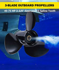 Close-up of a Right Hand Rotation 12.5 Inch Aluminum Outboard Propeller with 13 pitch and 3 blades, underwater view, 13 spline tooth.
