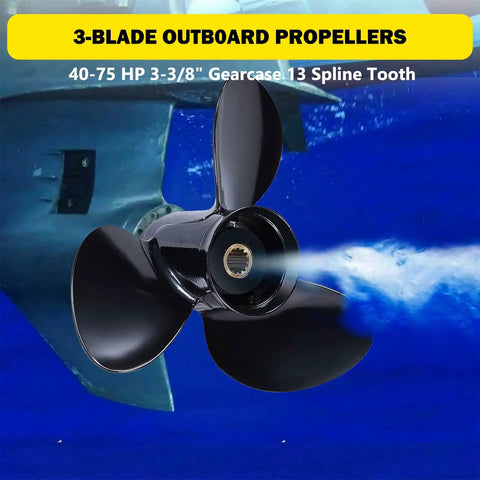 Close-up of a Right Hand Rotation 12.5 Inch Aluminum Outboard Propeller with 13 pitch and 3 blades, underwater view, 13 spline tooth.