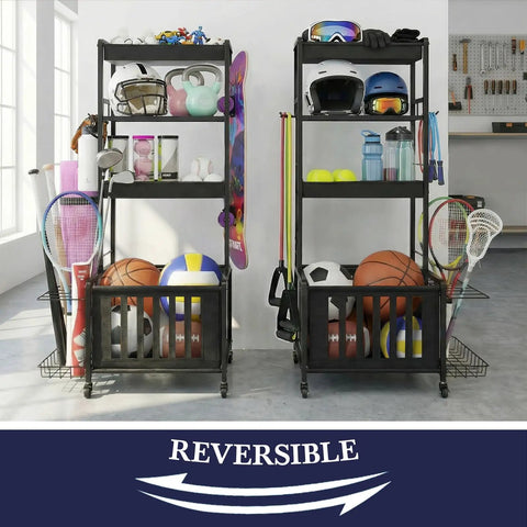 Rolling 4-Tier Sports Gear Organizer Carts With Wheels For Garage And Outdoor Use, Ball Storage Rack With Wire Basket And Fabric Bins