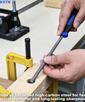 Solid Wood Rasp File Set Including Flat Half Round And Round Tool Heads For Tackling Every Kickass Carving Job in use, shaped wood piece with clamp.