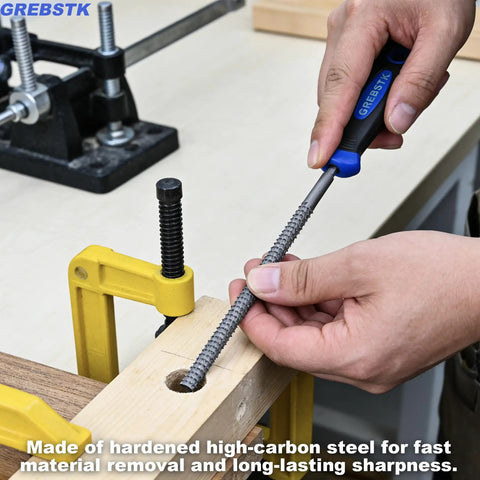 Solid Wood Rasp File Set Including Flat Half Round And Round Tool Heads For Tackling Every Kickass Carving Job in use, shaped wood piece with clamp.