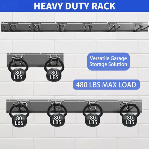 Heavy Duty 48 Inch Wall Mount Garden Tool Organizer With Six Adjustable Hooks Easy Install Steel Black Storage System displayed on wall with weights