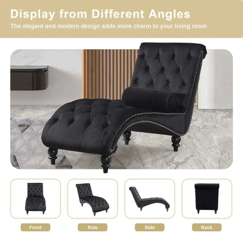 Velvet Upholstered Chaise Lounge Chair With Pillow, Button Tufted Armless Modern Backrest, Indoor Recliner Sofa For Bedroom, Living Room And Office, Super Comfy Skin Friendly Cushion, High Resilience Foam, Black, displayed in living room setting