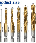 All In One Drill And Tap Bit Set For Metal And Aluminum, Do It All Combo With M3 M4 M5 M6 M8 M10 Sizes, Countersink, Hex Bits, And Multi Use Drill Bits Kit displayed with size measurements.