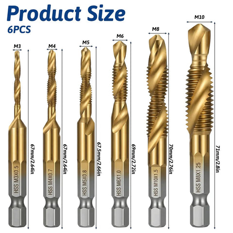 All In One Drill And Tap Bit Set For Metal And Aluminum, Do It All Combo With M3 M4 M5 M6 M8 M10 Sizes, Countersink, Hex Bits, And Multi Use Drill Bits Kit displayed with size measurements.