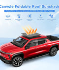 Premium Foldable Sunroof Shades For 2024 2025 2026 Chevy Silverado EV And GMC Sierra EV on red truck, showcasing custom fit and sun protection.