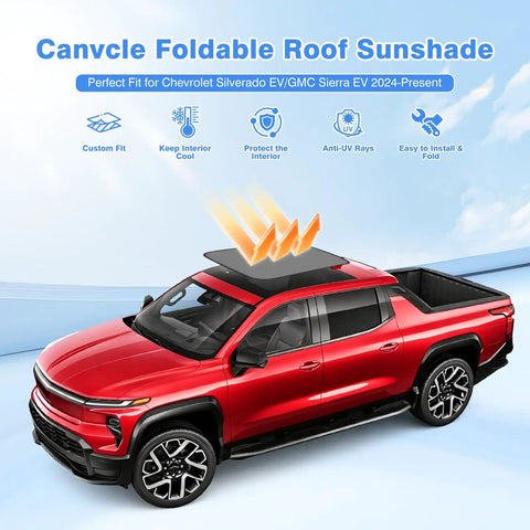 Premium Foldable Sunroof Shades For 2024 2025 2026 Chevy Silverado EV And GMC Sierra EV on red truck, showcasing custom fit and sun protection.