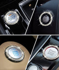 Car engine start button covers with rhinestone detail on various dashboards, sparkling diamond-like ring design for added style.