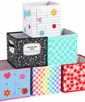 6 Piece Slick Fabric Storage Bins 11 Inch Vibrant Cubby Basket Organizers With Grippy Handles For Classrooms And Nurseries colorful patterned bins stacked together.