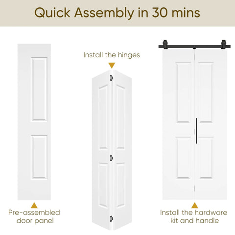 36 By 84 Inch Bifold Barn Door With Classic Raised Two Panel Design Super Smooth Side Sliding Action Sweat Equity Ready For A Custom Paint Finish No Fuss Pantry Upgrade assembly instructions for a pre-assembled white door panel.
