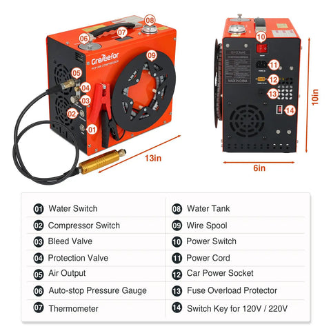 350W Portable Pcpc Air Compressor Pump 5800 Psi Max High Pressure For Air Rifles Paintball Tanks Hpa Cylinders Dual Auto Stop Gauge 12V Dc & 110V Ac Water And Air Cooling Orange Color Model