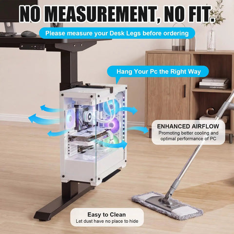 Slick Under Desk PC Mount Clamp On Computer Tower Stand showing enhanced airflow design, easy to clean, and secure installation